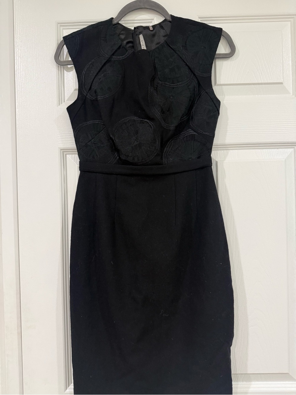 Elie Tahari Black Sleeveless Mini Dress with Textured Circular Embroidery